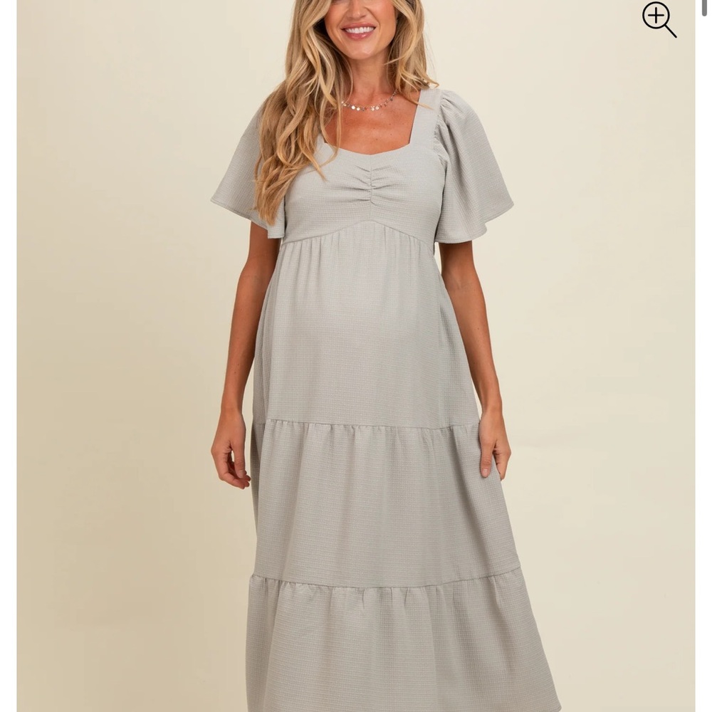 Light Olive Sweetheart Neck Short Puff Sleeve Tiered Maternity Midi Dress